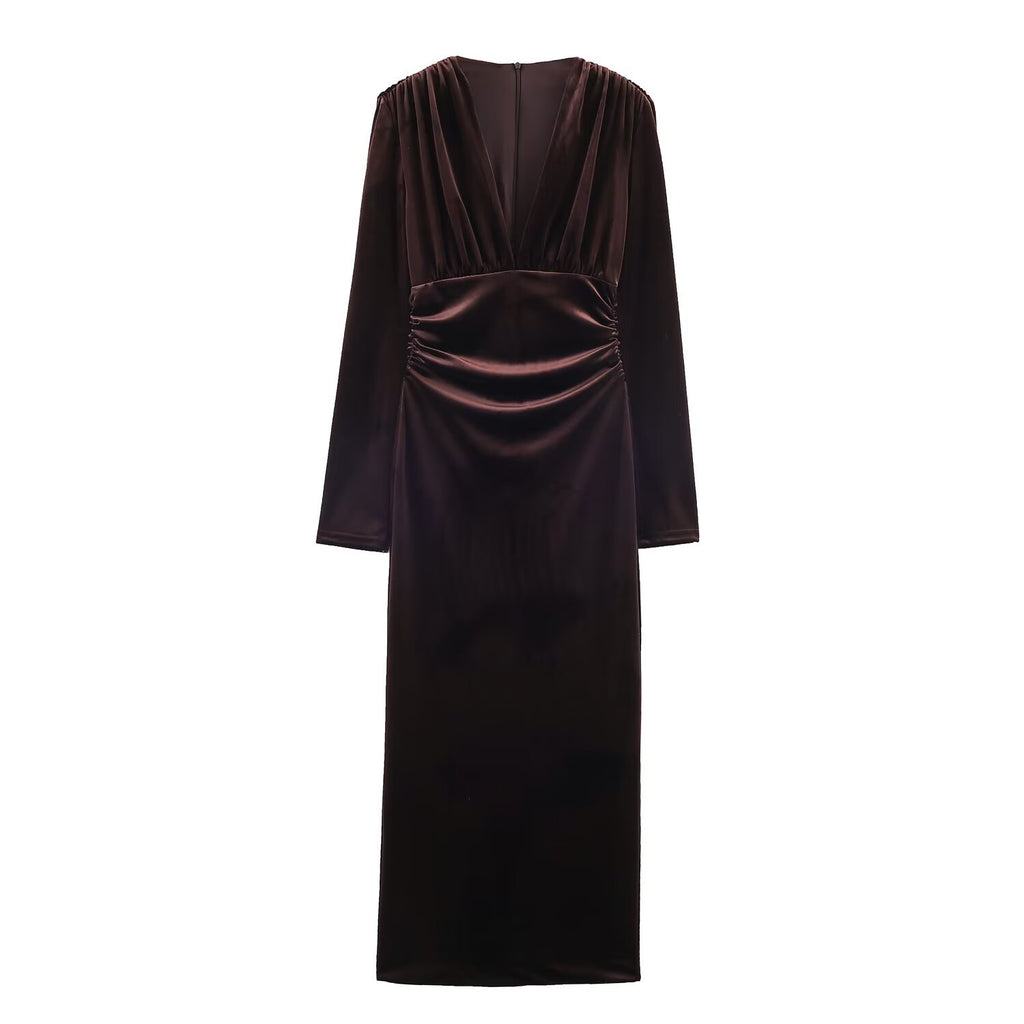 Wrinkled Velvet Midi Dress for Women