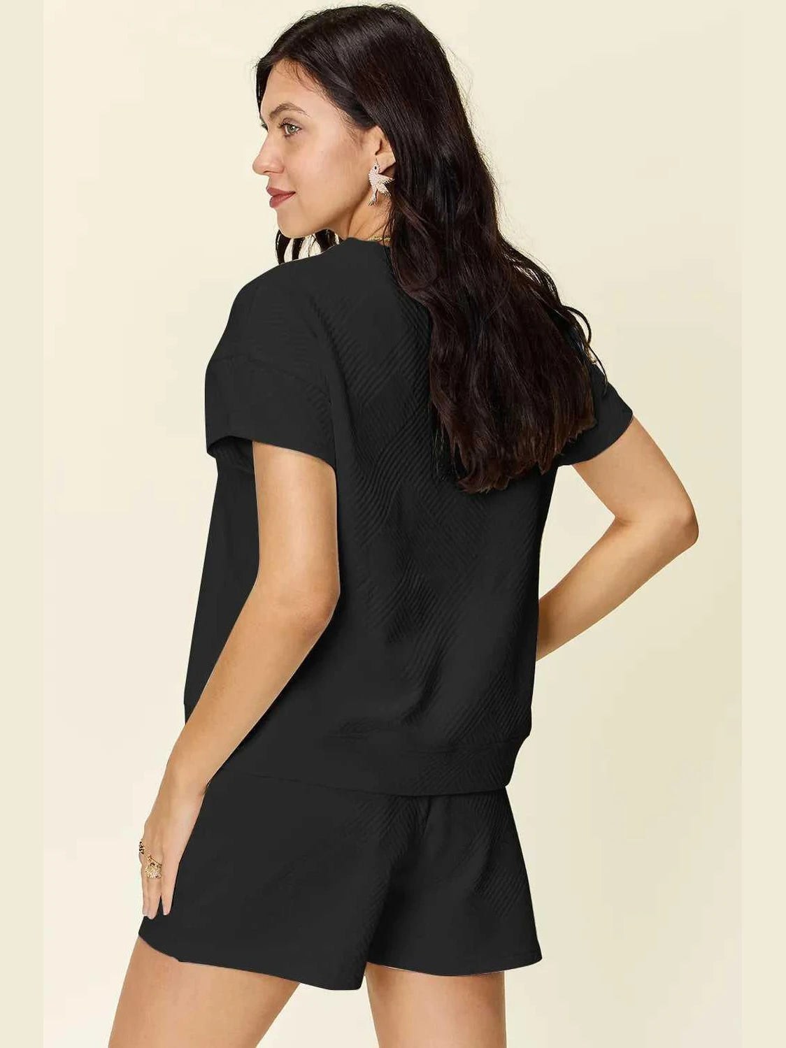 Double Take Full Size Texture Short Sleeve T-Shirt and Drawstring Shorts Set -- 