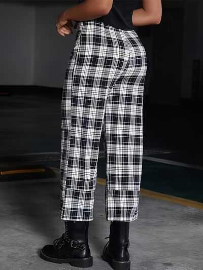 Full Size Plaid High Waist Pants -- 