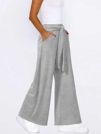 Tied Wide Leg Pants with Pockets -- 