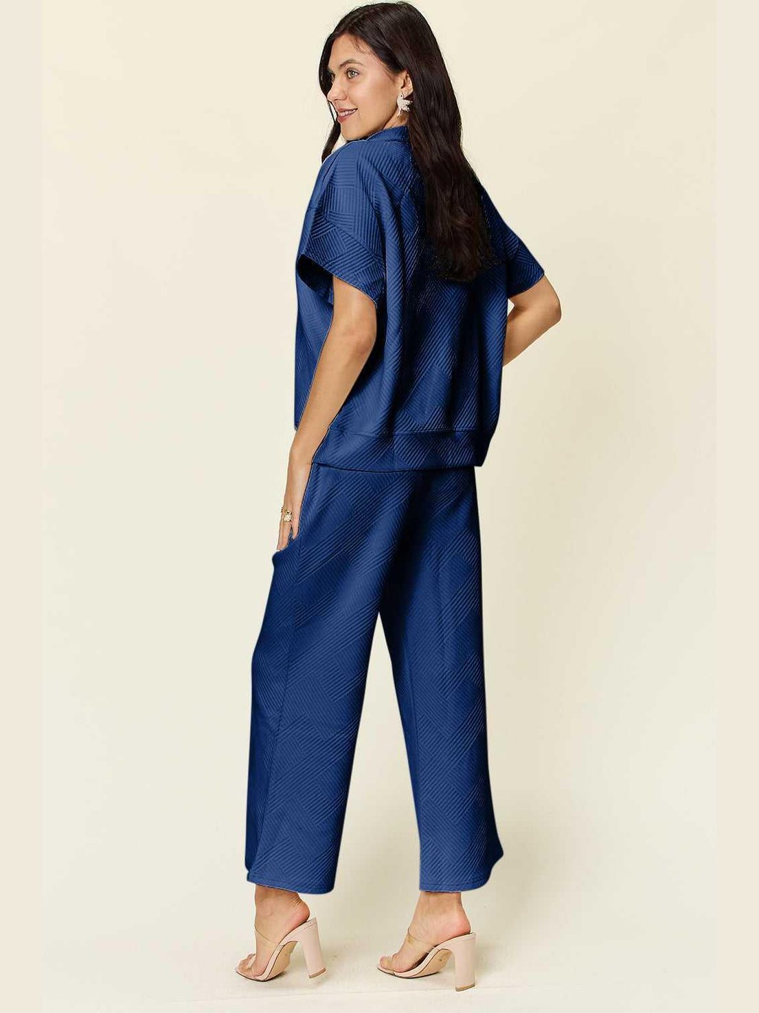 Double Take Full Size Texture Half Zip Short Sleeve Top and Pants Set -- 
