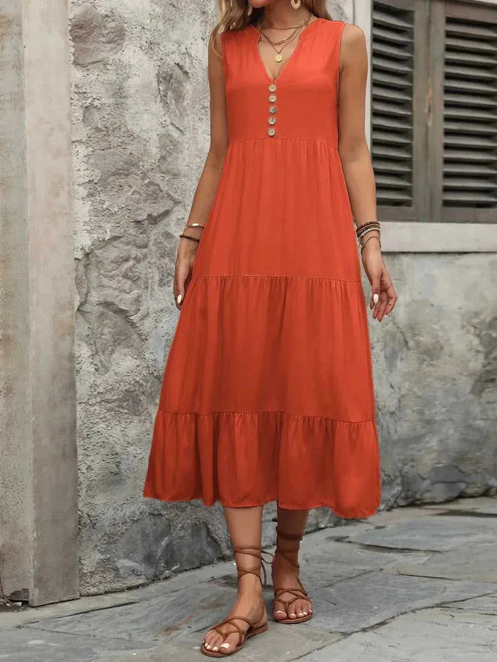 Ivy Lane Decorative Button Notched Sleeveless Dress -- 