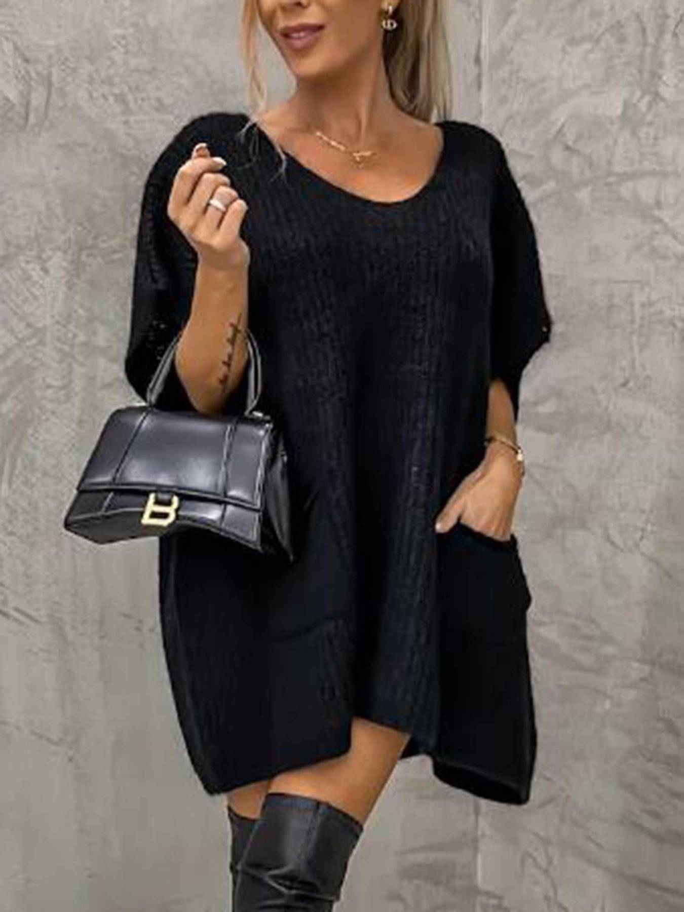 Short Sleeve Sweater Dress with Pockets -- 
