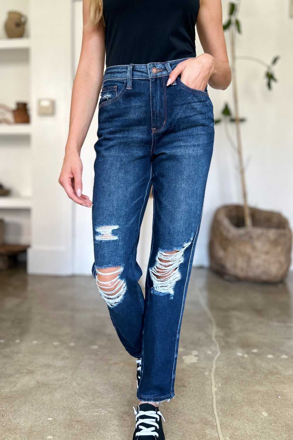 Judy Blue Full Size High Waist Rigid Magic Distress Straight Jeans