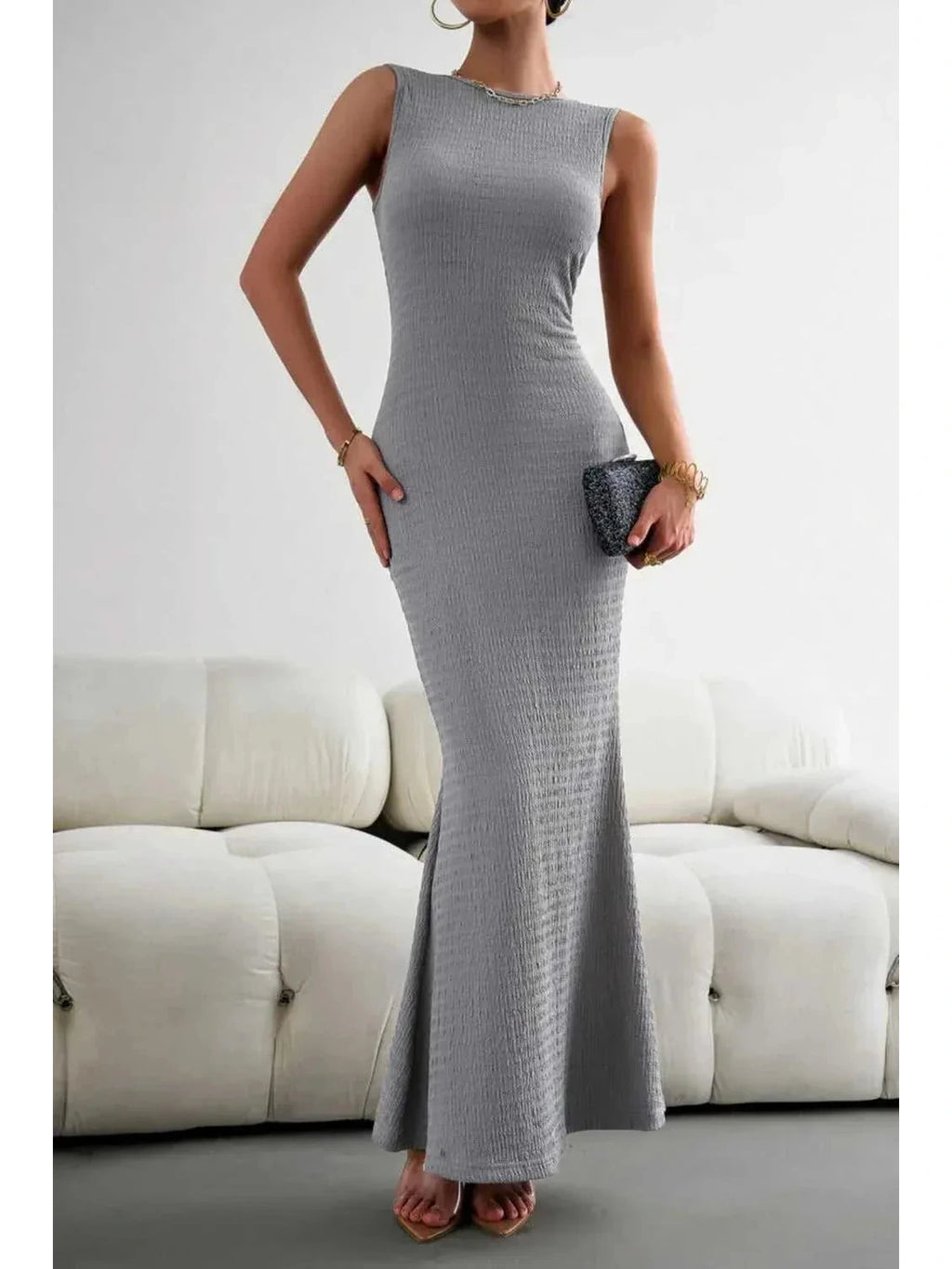 Devine Round Neck Sleeveless Maxi Fishtail Dress -- 