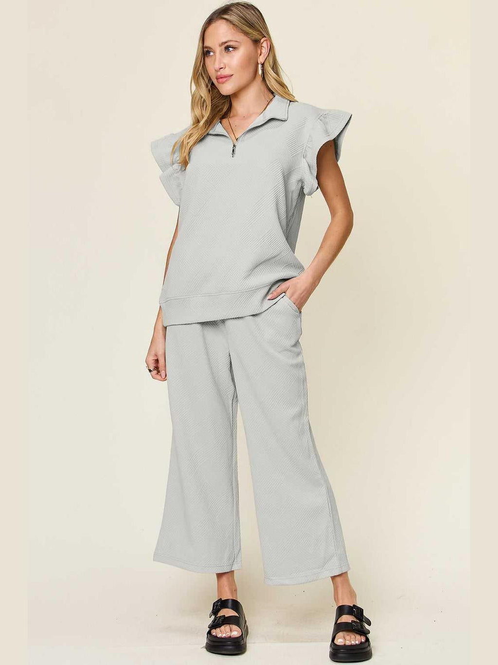 Ruffle Short Sleeve Top and Drawstring Wide Leg Pants Set -- 