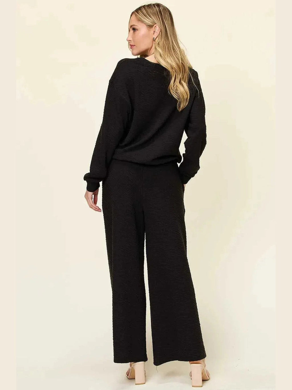 Double Take Full Size Texture Long Sleeve Top and Pants Set -- 