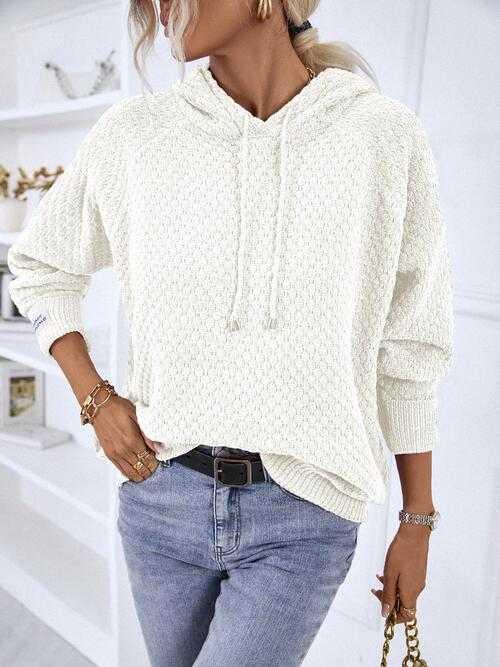 Texture Drawstring Long Sleeve Hooded Sweater -- 