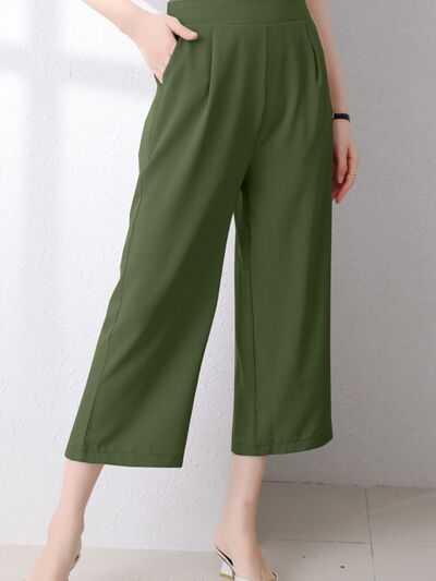 Full Size Pocketed Half Elastic Waist Pants -- 