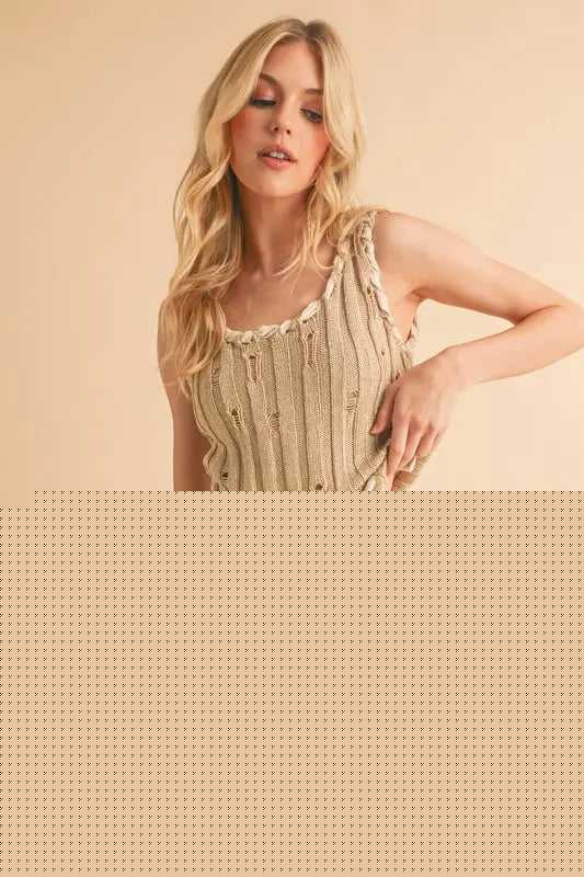 Aemi+Co Distressed Detail Round Neck Knit Tank