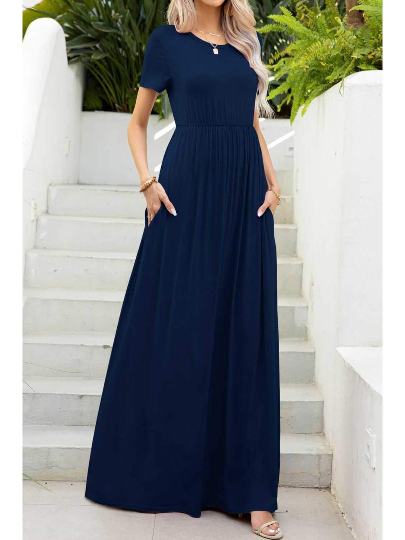 Round Neck Maxi Tee Dress with Pockets -- 