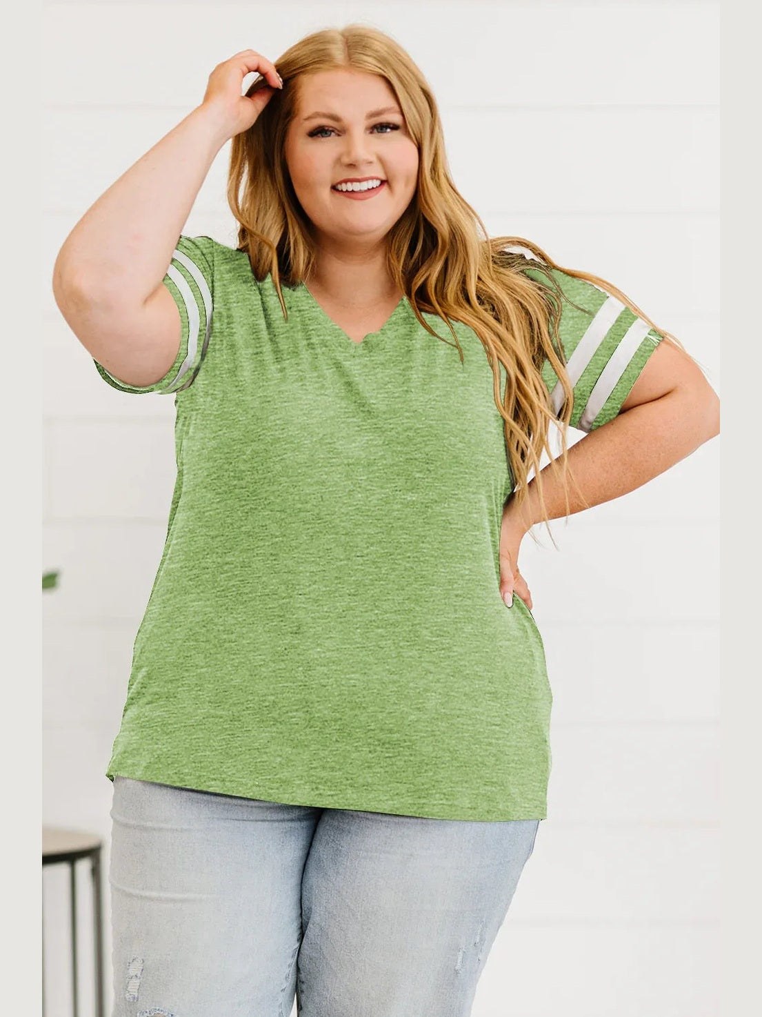 Plus Size Striped V-Neck Tee Shirt -- 