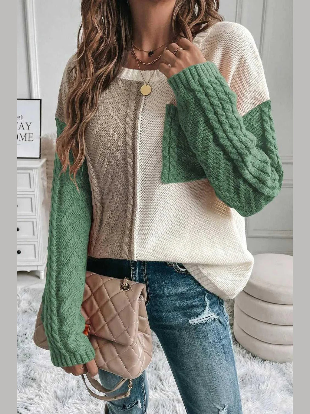 Double Take Full Size Color Block Drop Shoulder Sweater -- 