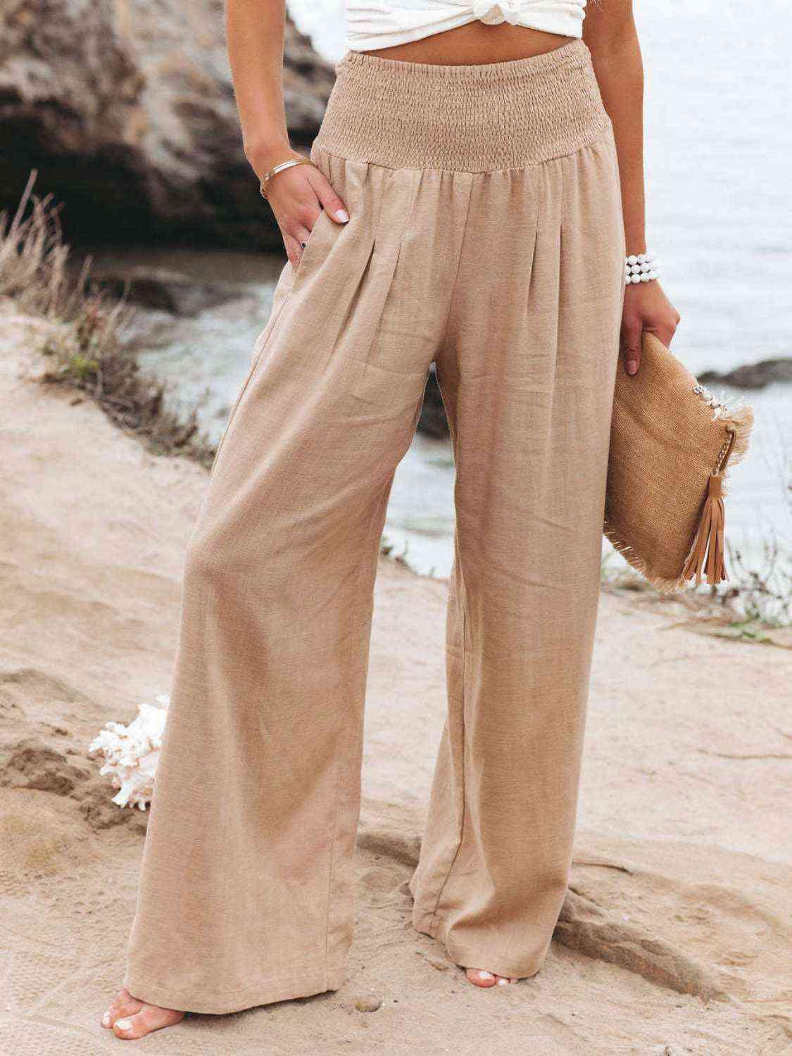 Full Size Smocked Waist Wide Leg Pants -- 