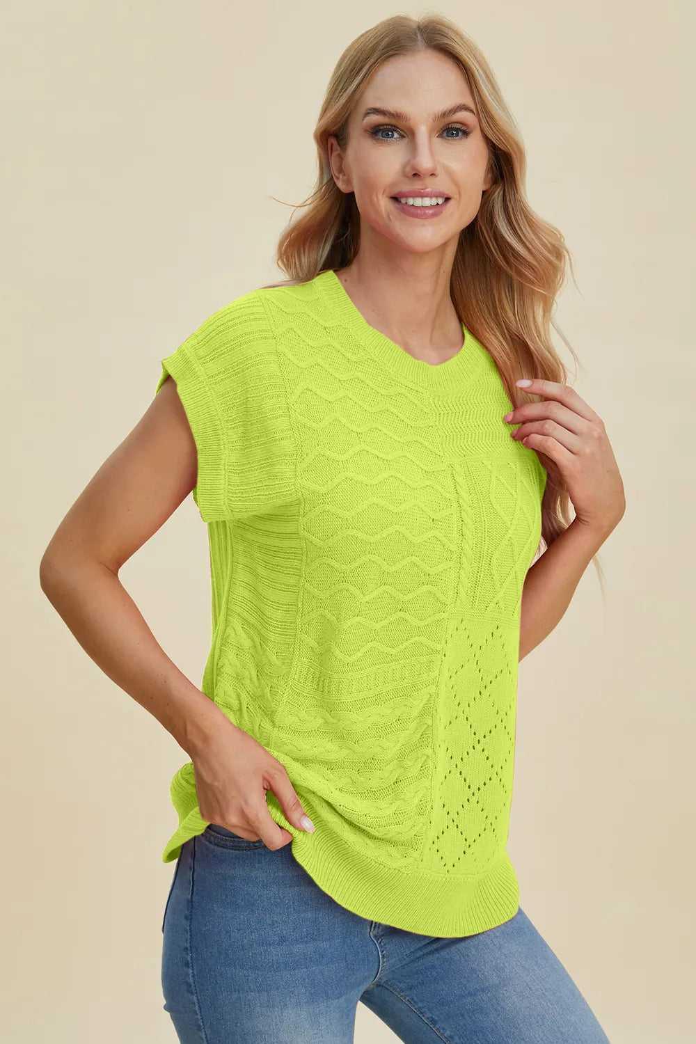 Double Take Full Size Cable-Knit Round Neck Cap Sleeve Sweater -- 