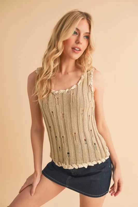 Aemi+Co Distressed Detail Round Neck Knit Tank