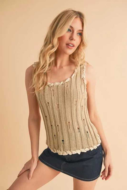 Aemi+Co Distressed Detail Round Neck Knit Tank