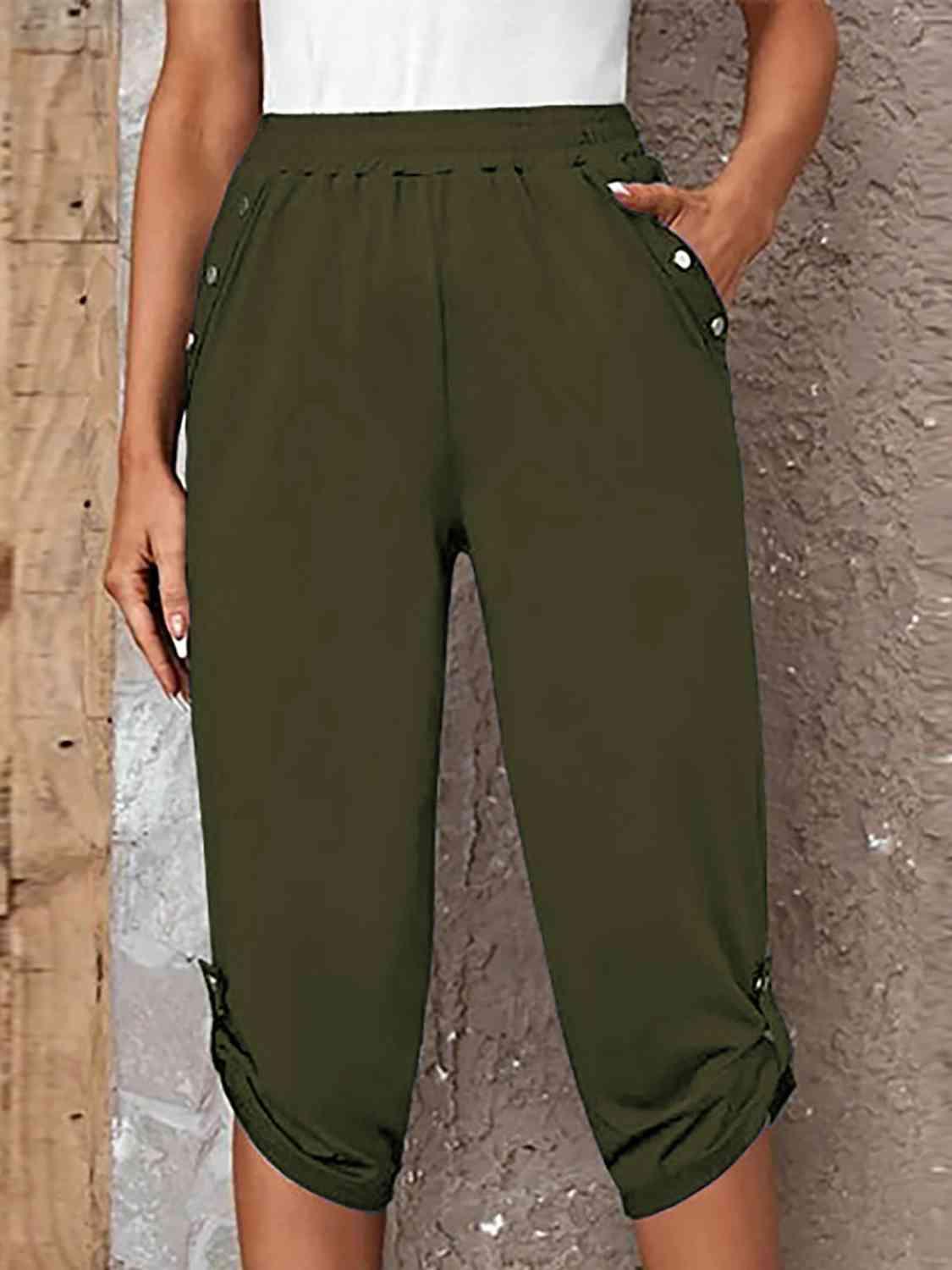 Full Size Roll-Tab Capris Pants -- 