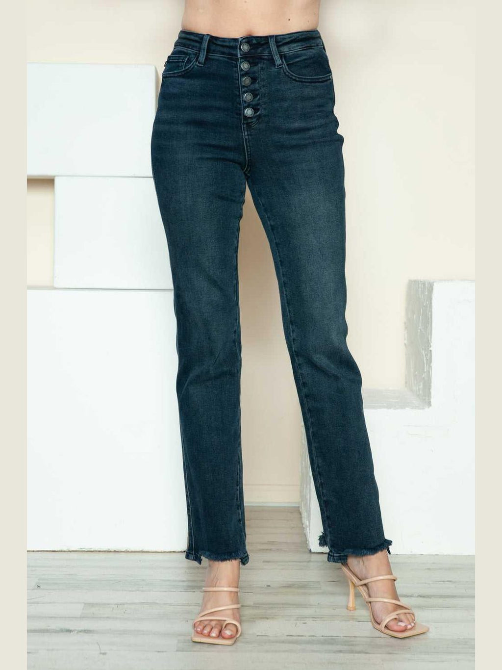 Judy Blue Full Size Button Fly Hem Destroy Straight Jeans -- 