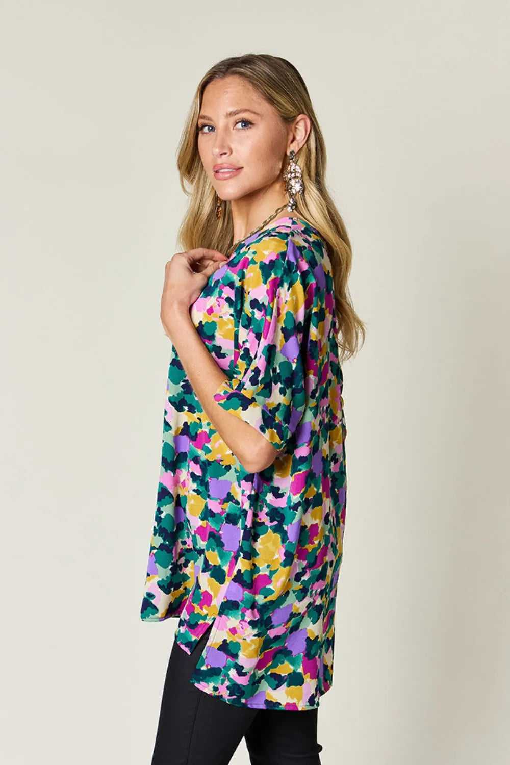 Double Take Full Size Printed V-Neck Short Sleeve Side Slit Top
