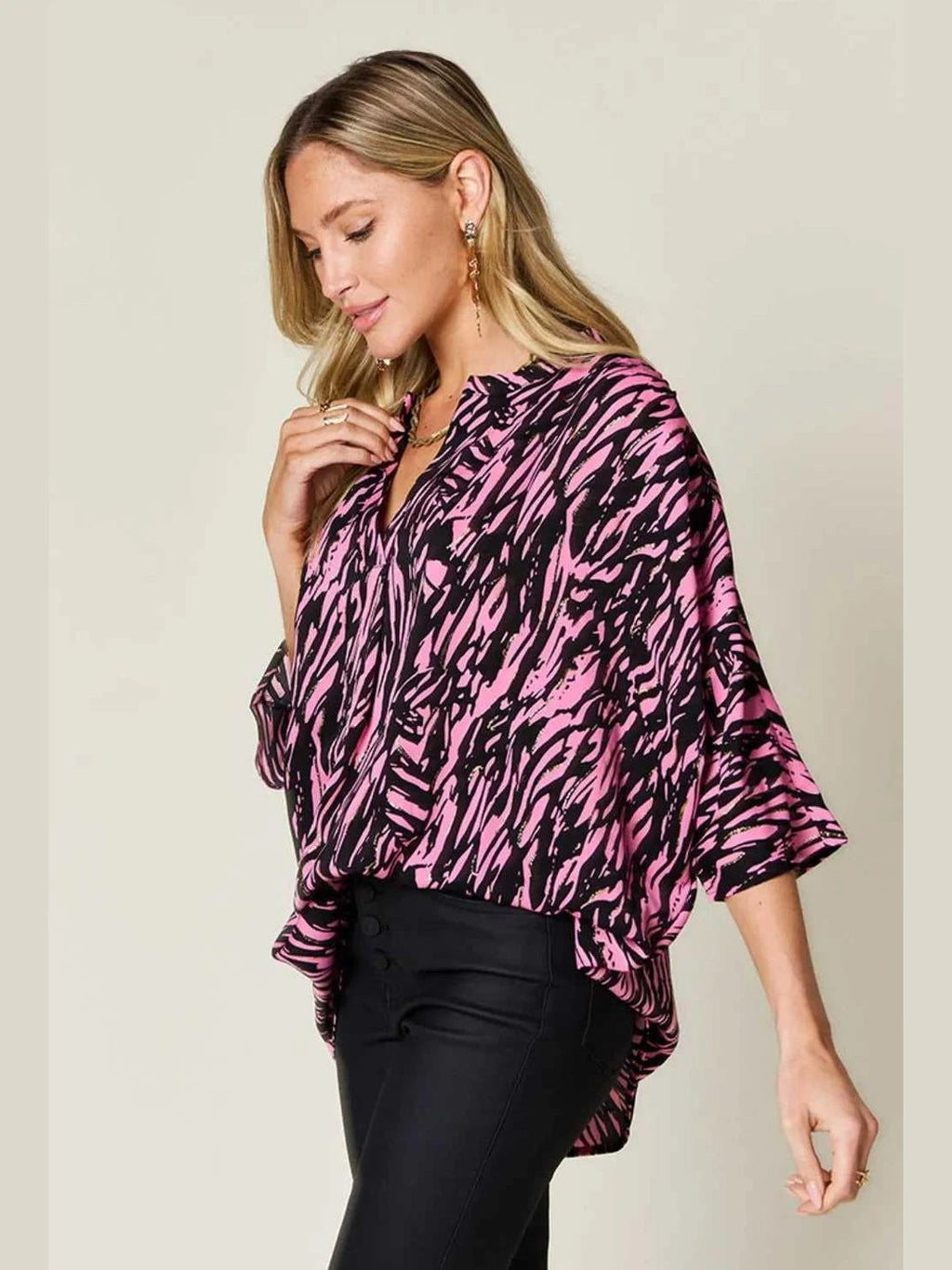 Double Take Full Size Printed Notched Three-Quarter Sleeve Blouse -- 