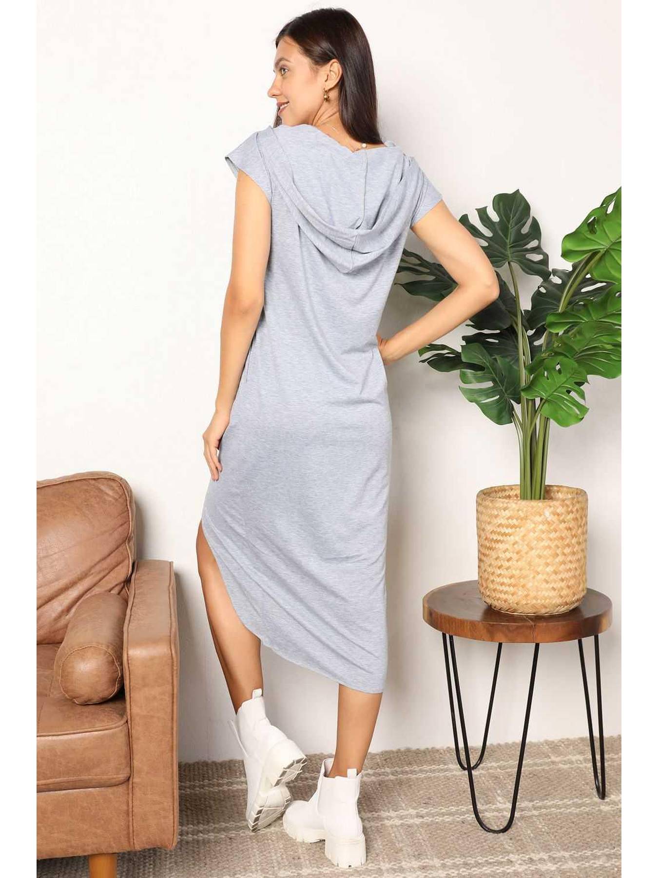 Perfee Short Sleeve Front Slit Hooded Dress -- 