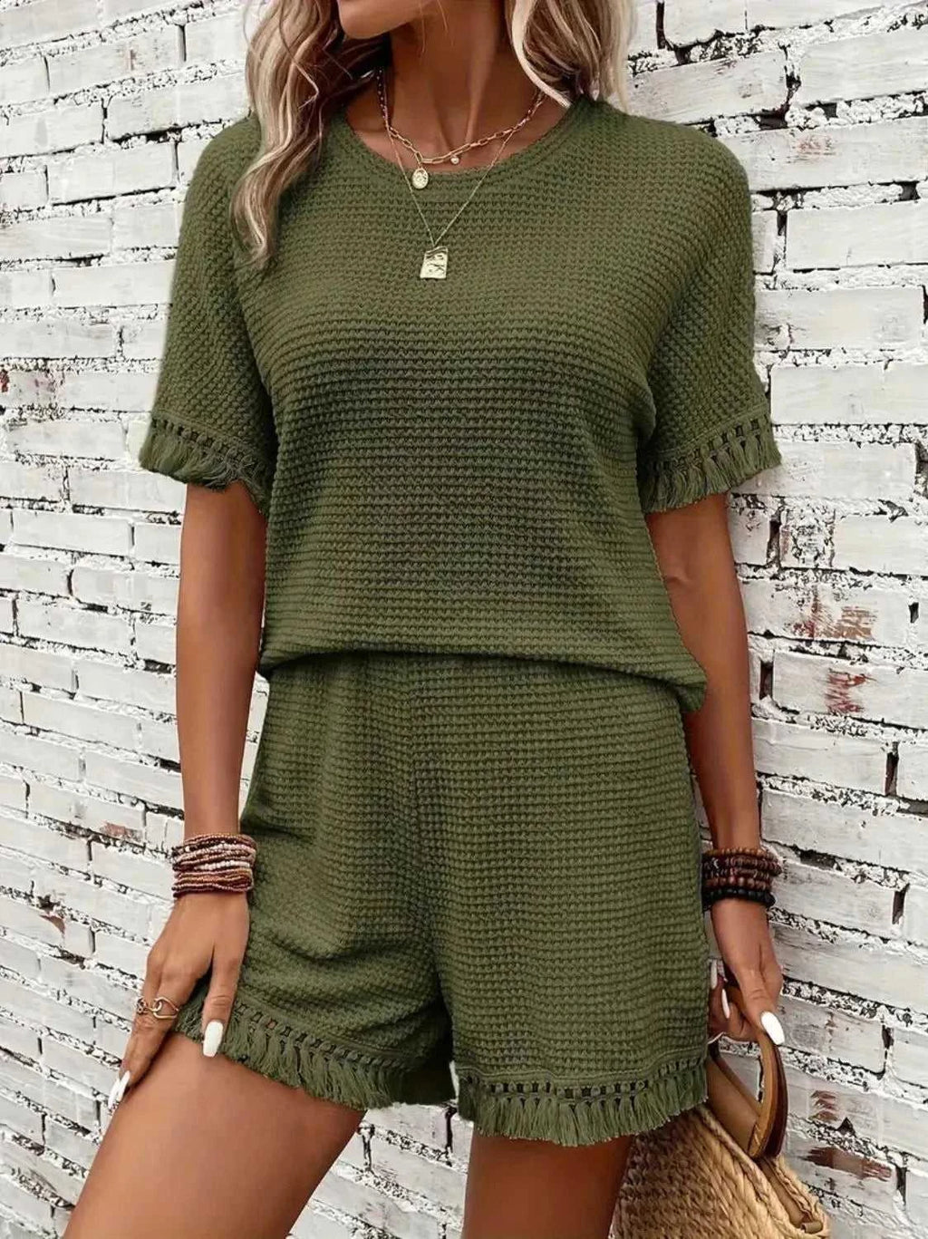 Tassel Round Neck Top and Shorts Set -- 