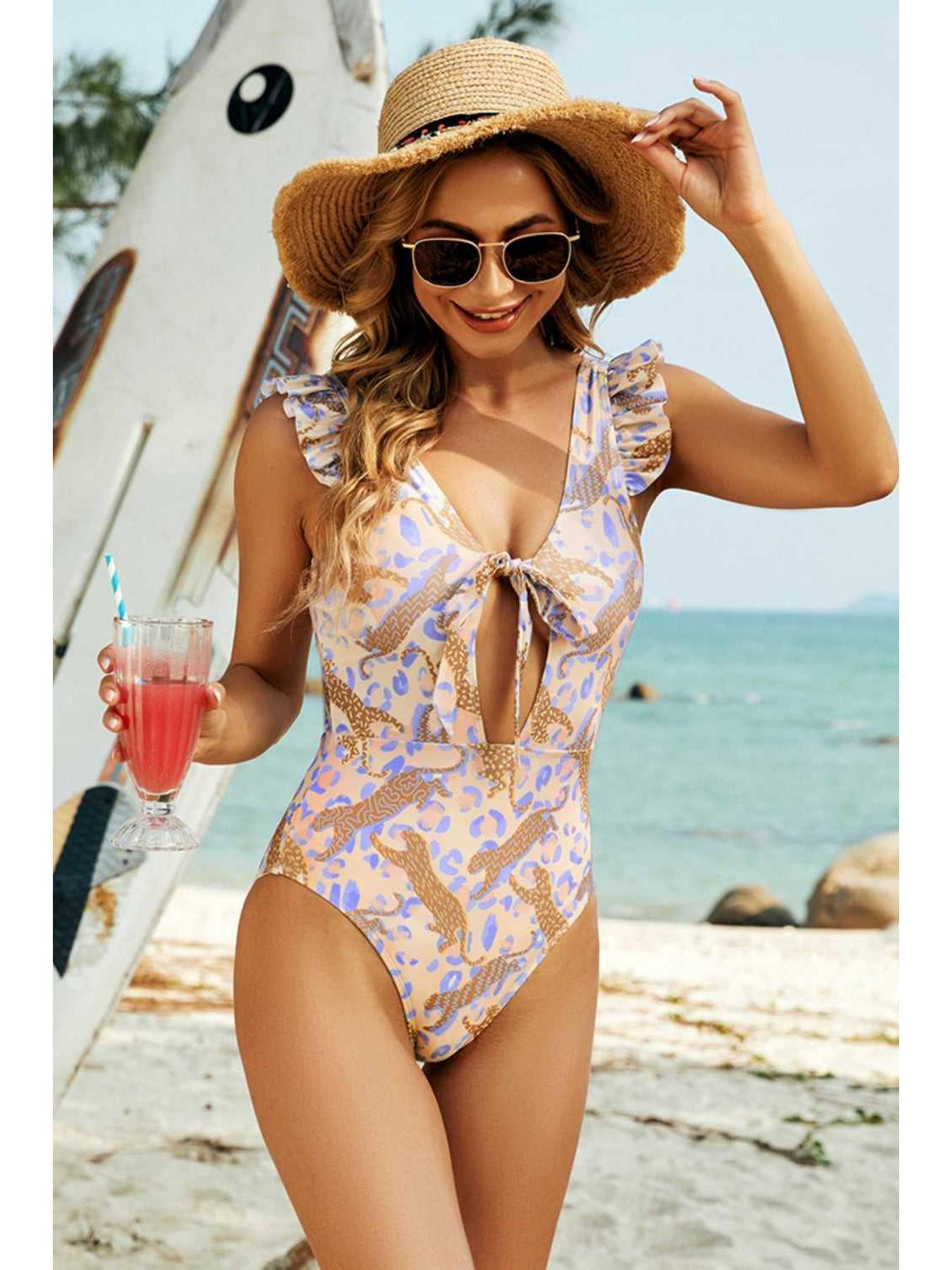 Cutout Animal Print Ruffled Wide Strap One-Piece Swimwear -- 
