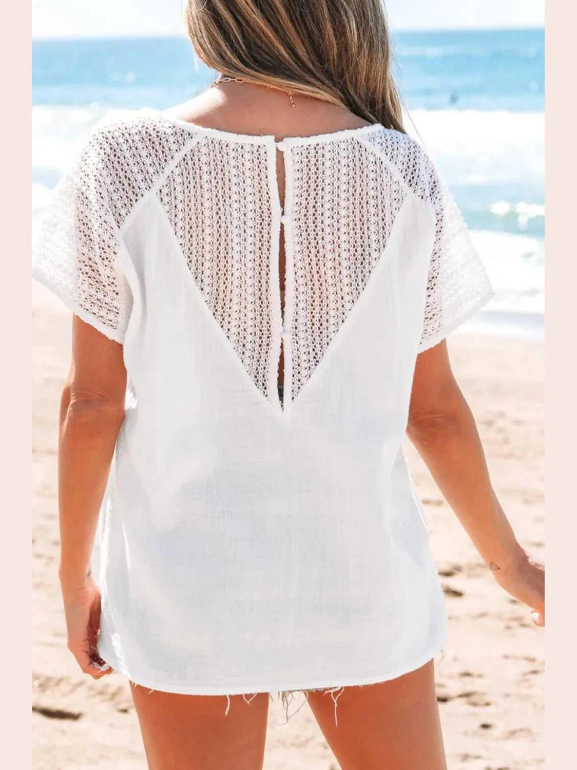 Lace Crochet Textured Button Back V Neck T Shirt -- 