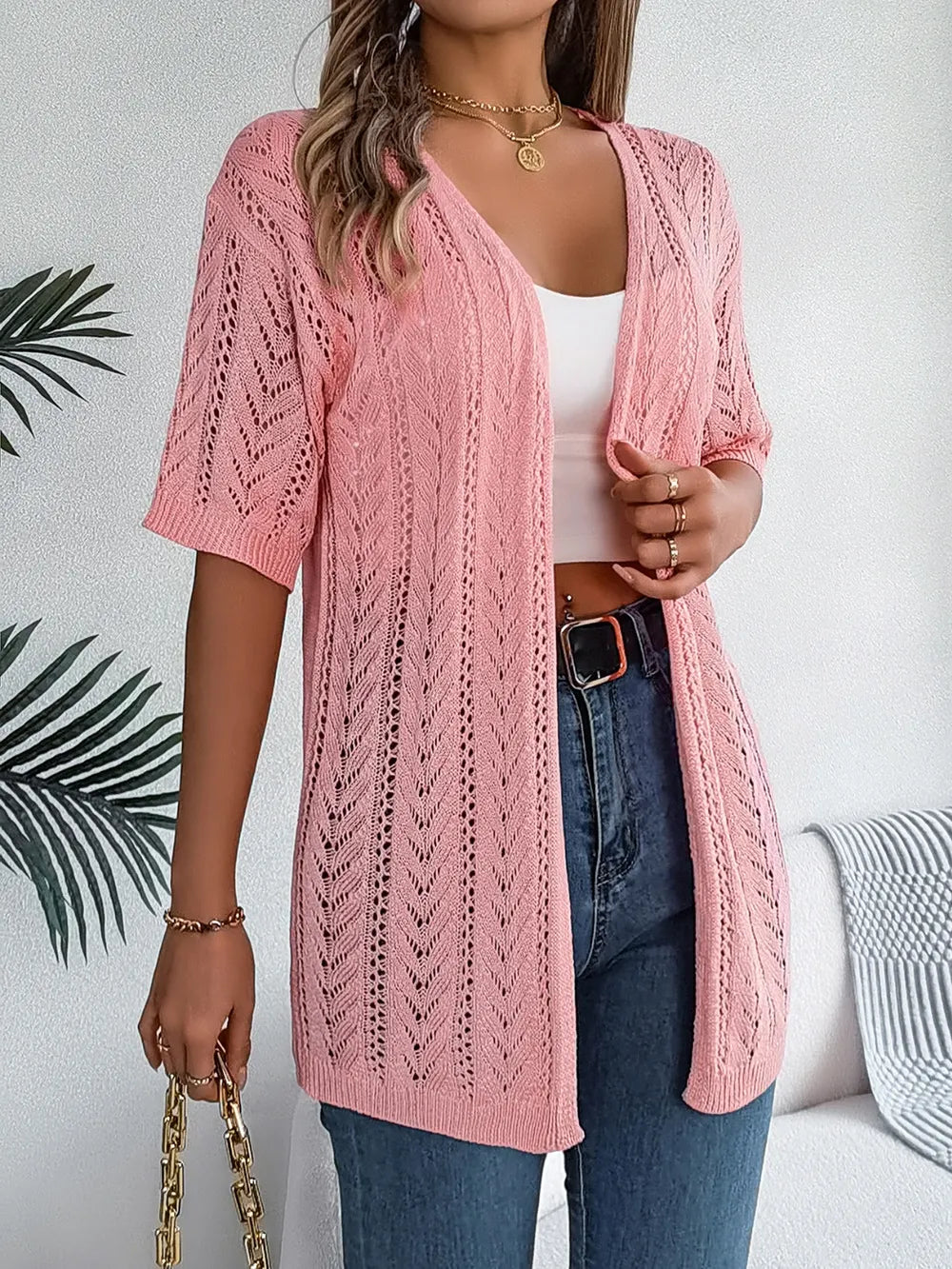 Openwork Open Front Half Sleeve Cardigan – White, Tan & Burnt Coral
