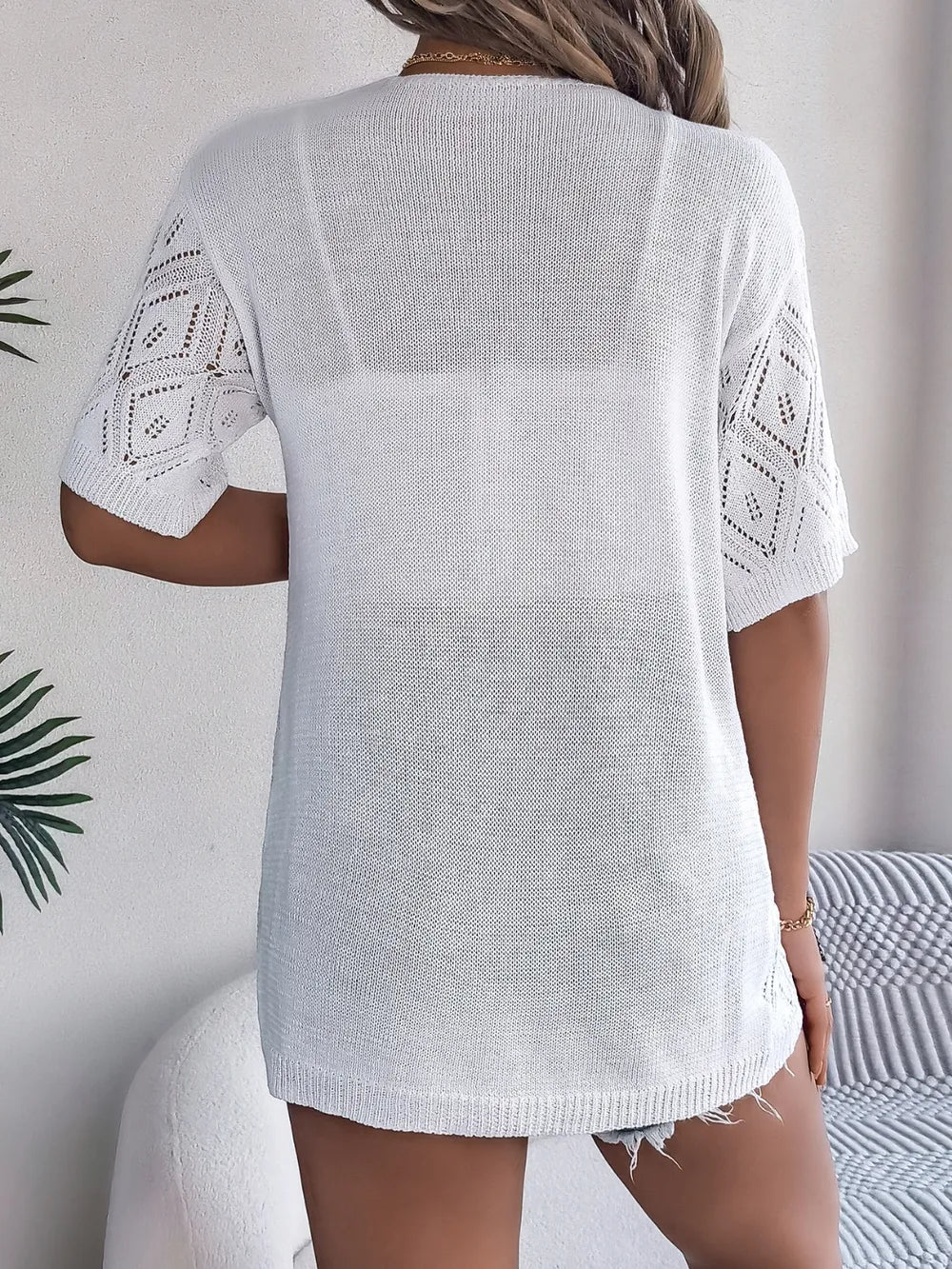Openwork Open Front Half Sleeve Cardigan – White, Khaki & Blush Pink
