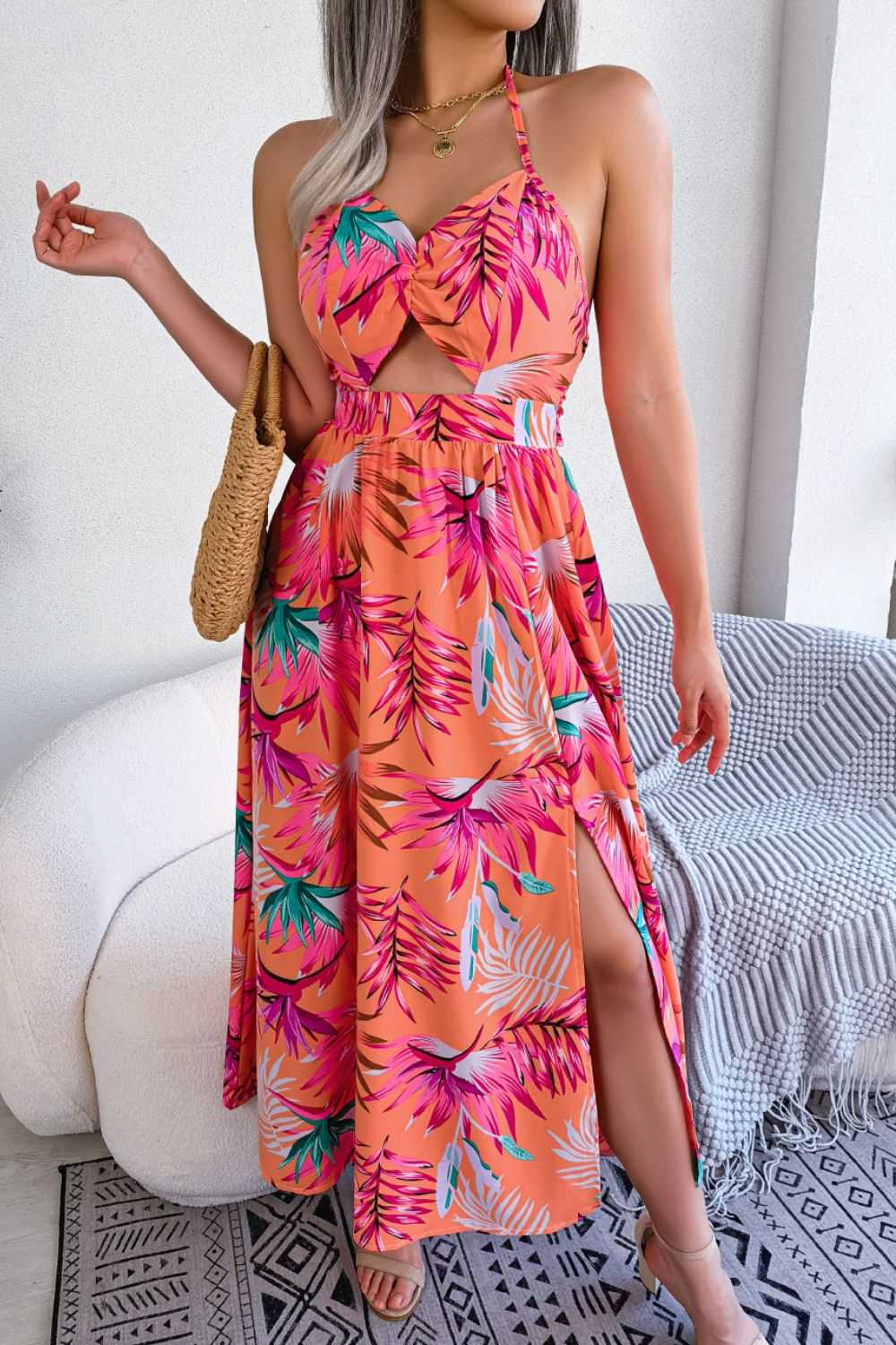Botanical Print Tied Backless Cutout Slit Dress - product_type from hopeford-streams.myshopify.com