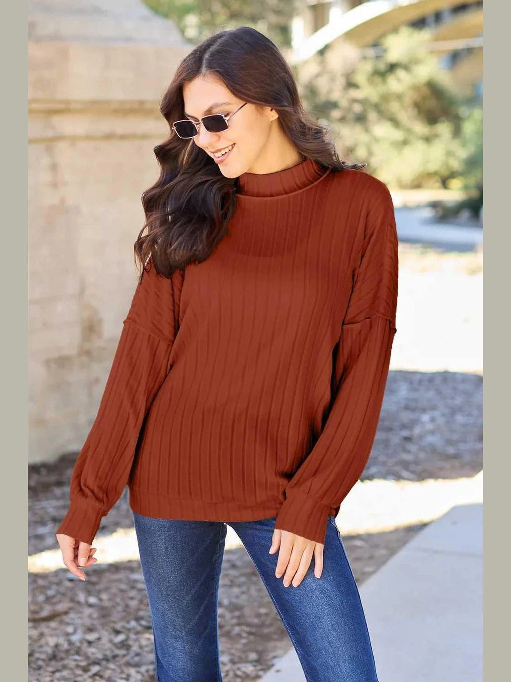 Basic Bae Full Size Ribbed Exposed Seam Mock Neck Knit Top -- 