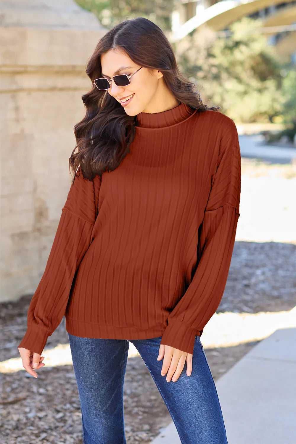 Basic Bae Full Size Ribbed Exposed Seam Mock Neck Knit Top -- 