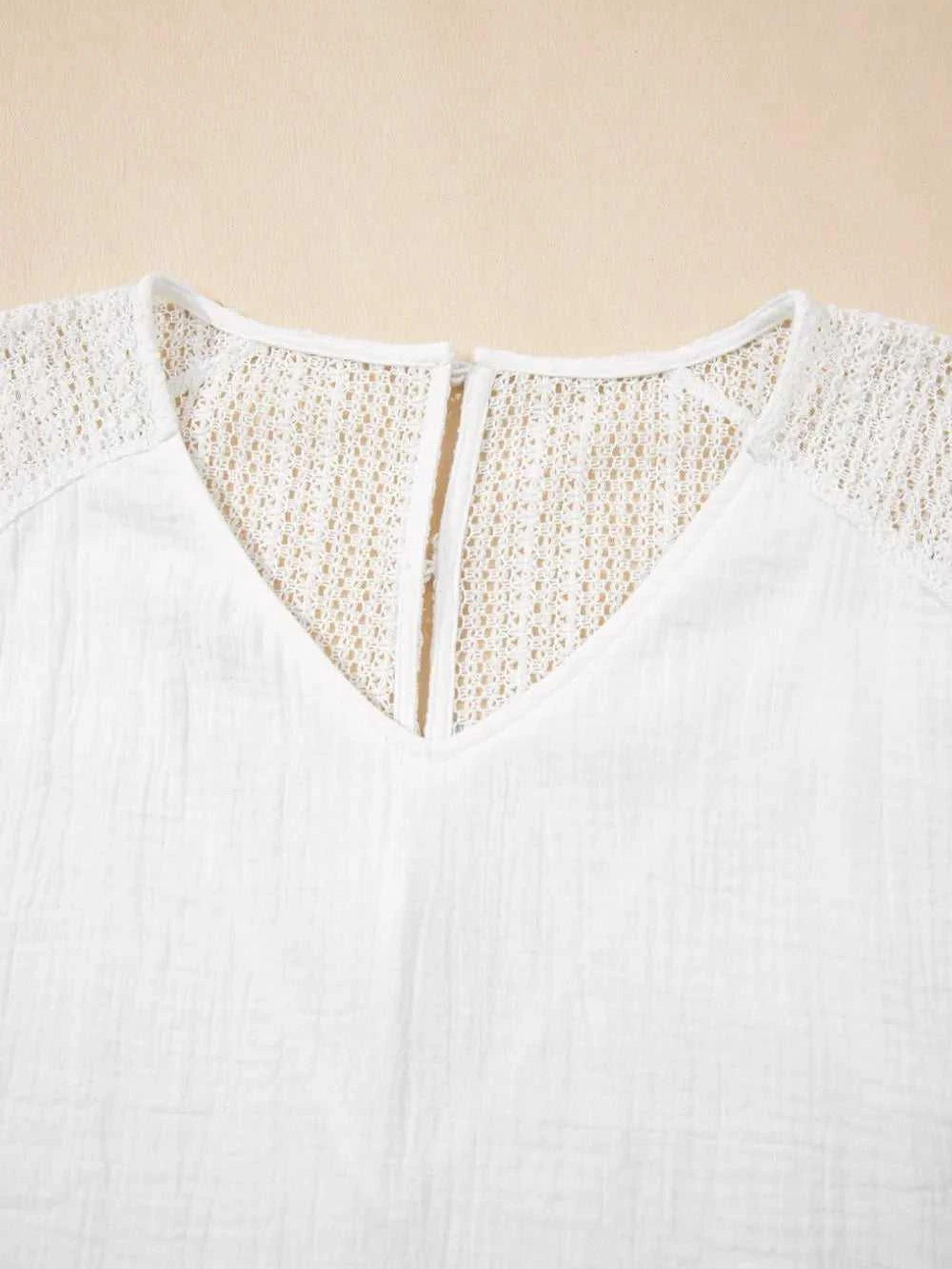 Lace Crochet Textured Button Back V Neck T Shirt -- 