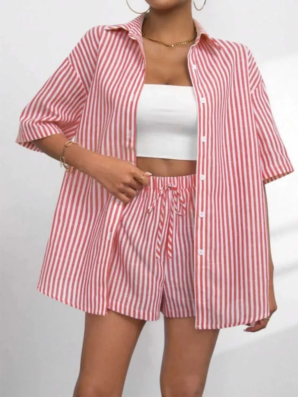 Striped Button Up Shirt and Shorts Set -- 