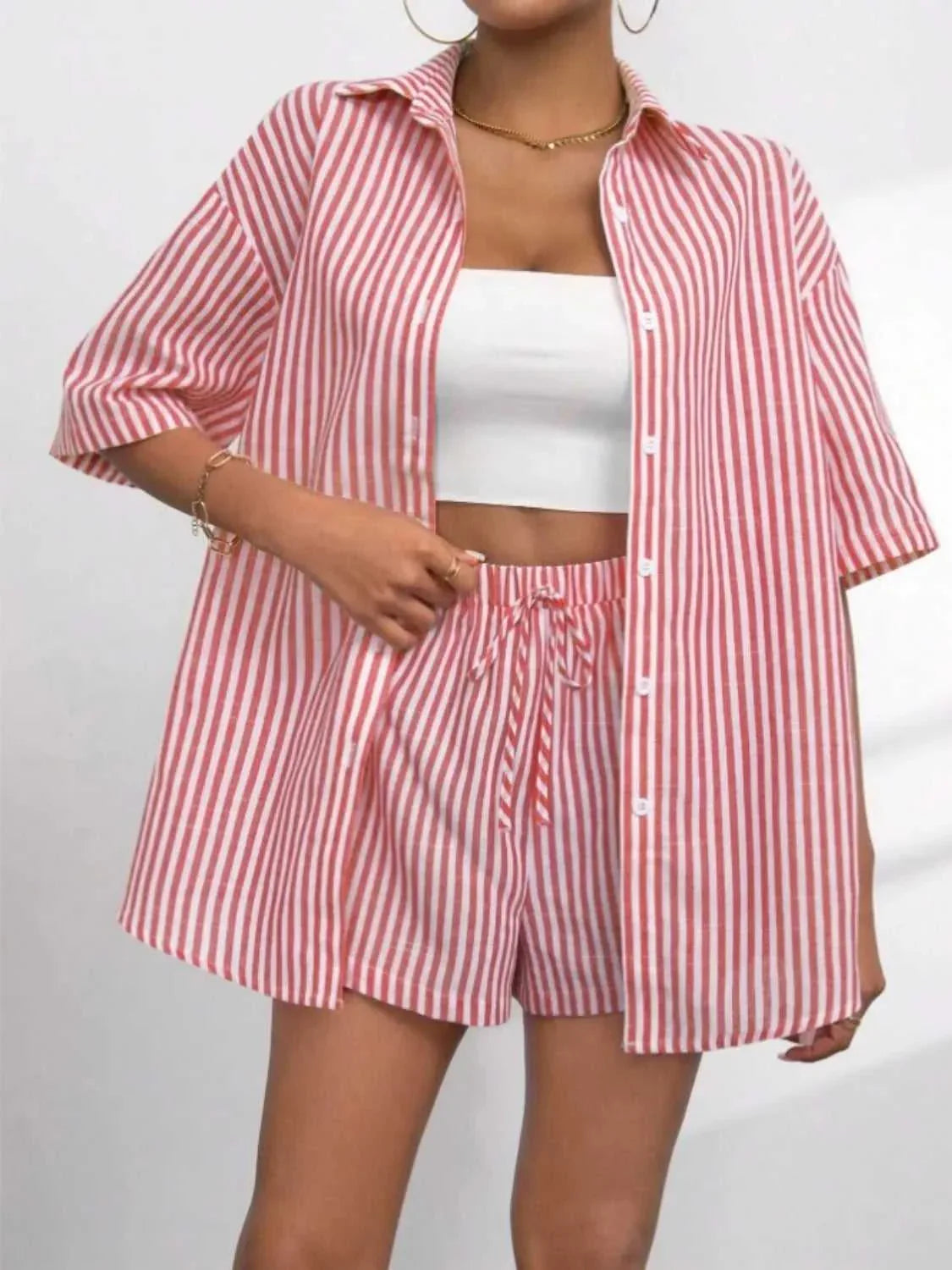 Striped Button Up Shirt and Shorts Set -- 