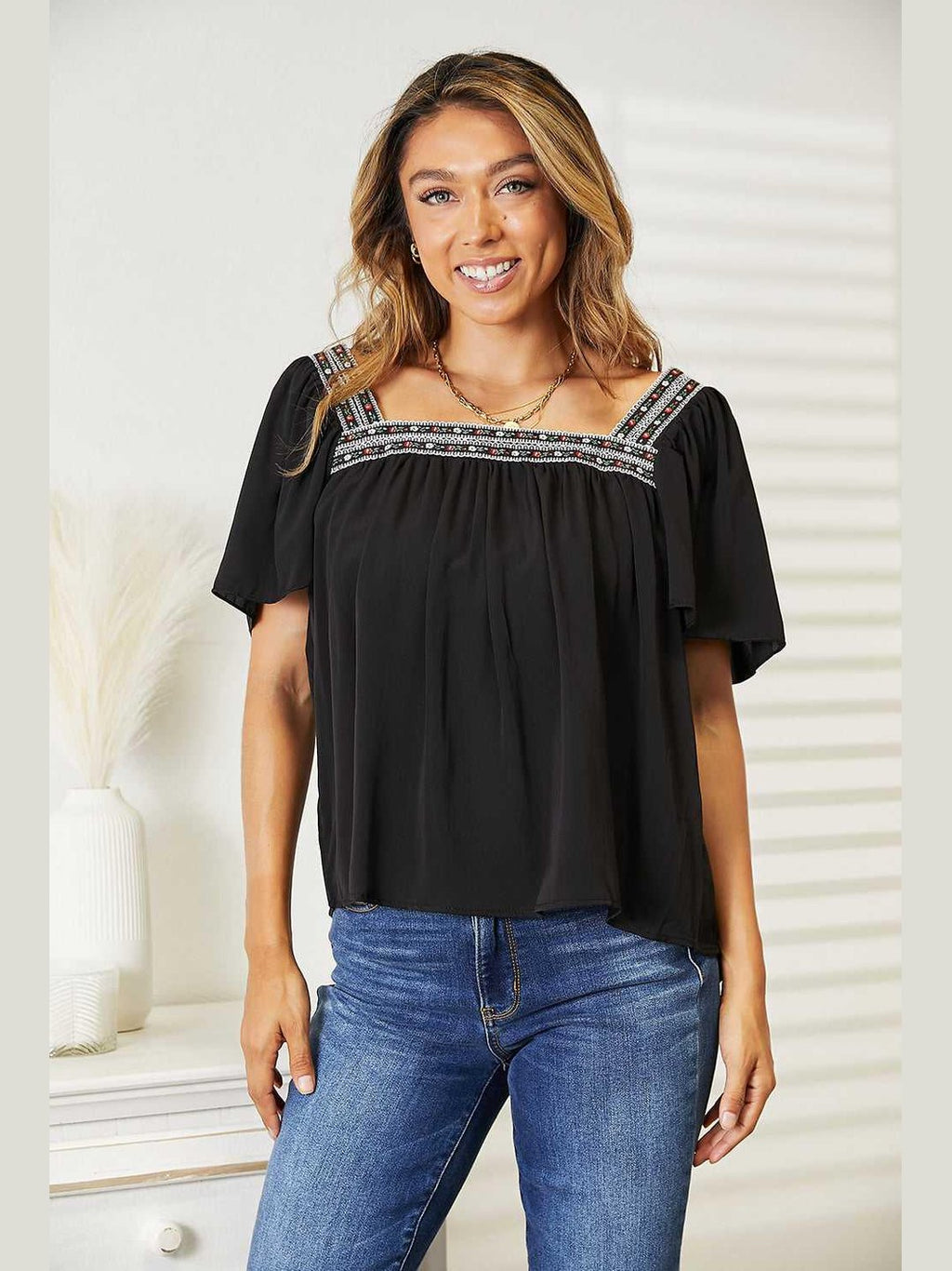 Honey Contrast Square Neck Puff Sleeve Blouse -- 
