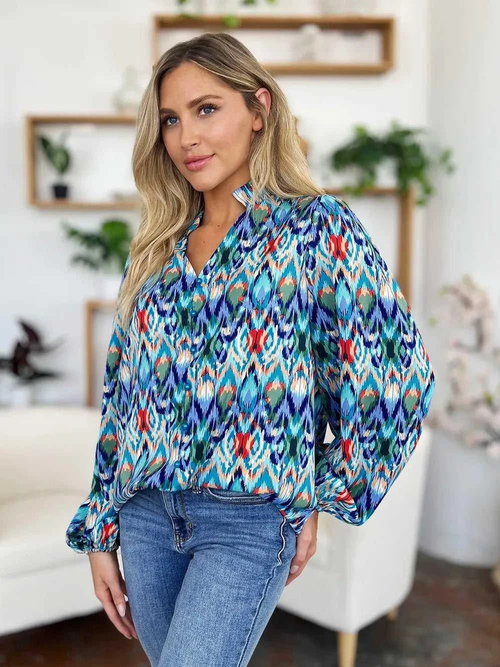 Double Take Full Size Printed Balloon Sleeve Blouse -- 