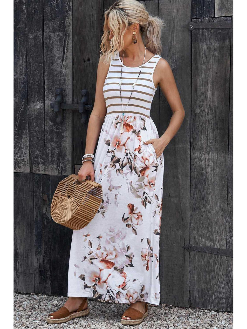 Striped Floral Round Neck Sleeveless Maxi Dress -- 