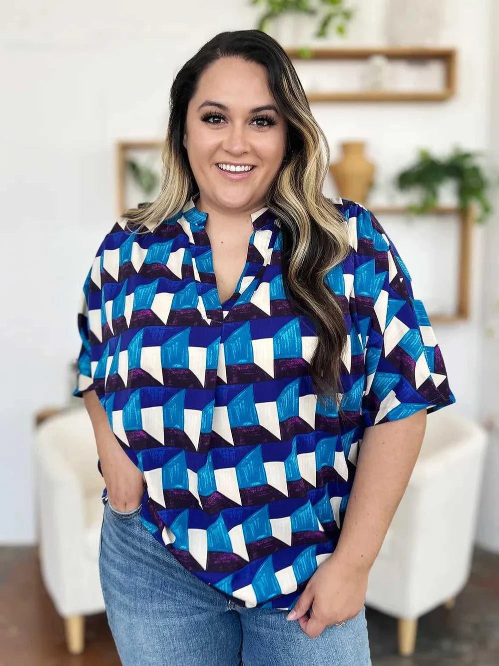 Double Take Full Size Geometric Notched Half Sleeve Blouse -- 