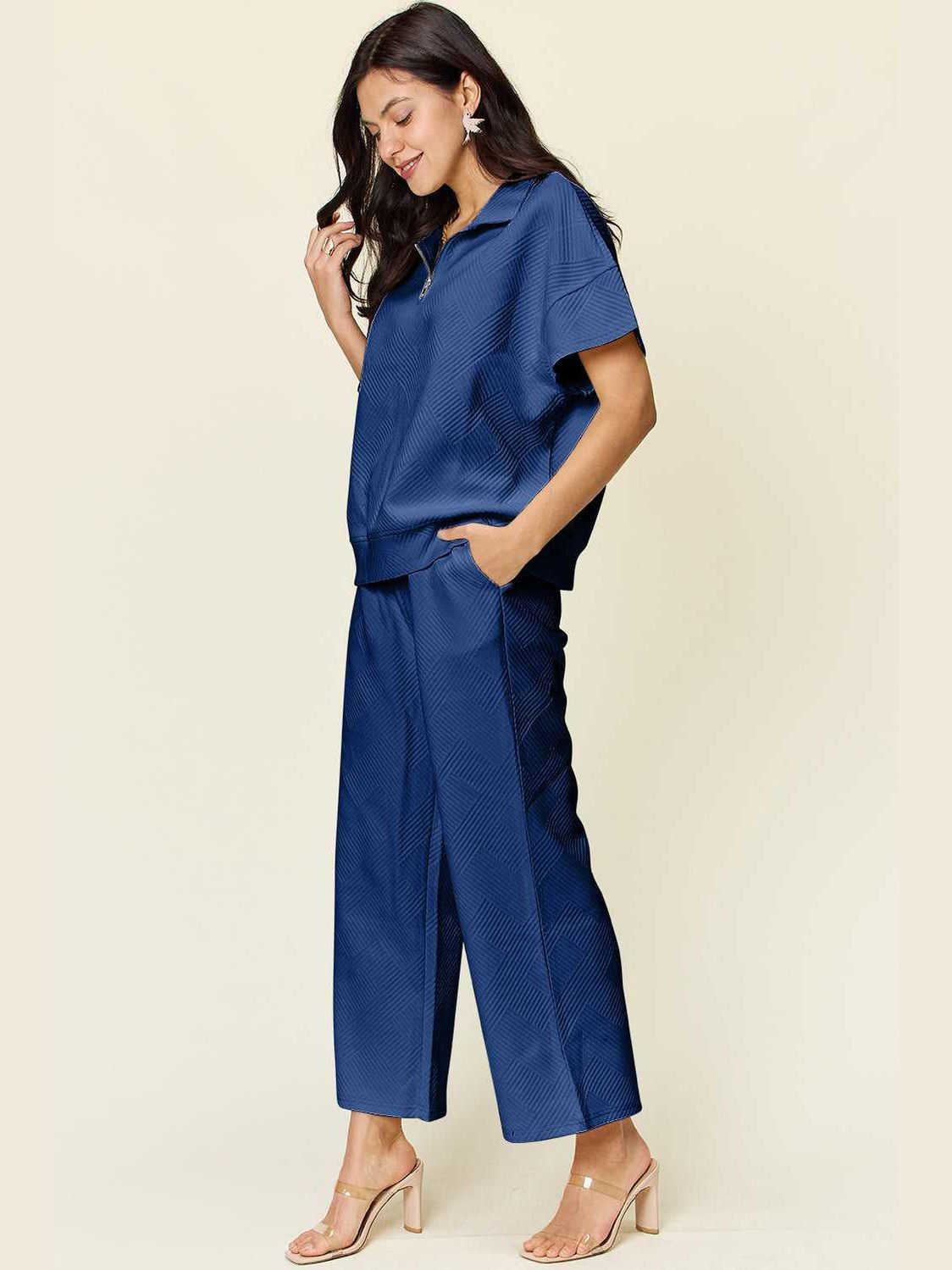 Double Take Full Size Texture Half Zip Short Sleeve Top and Pants Set -- 