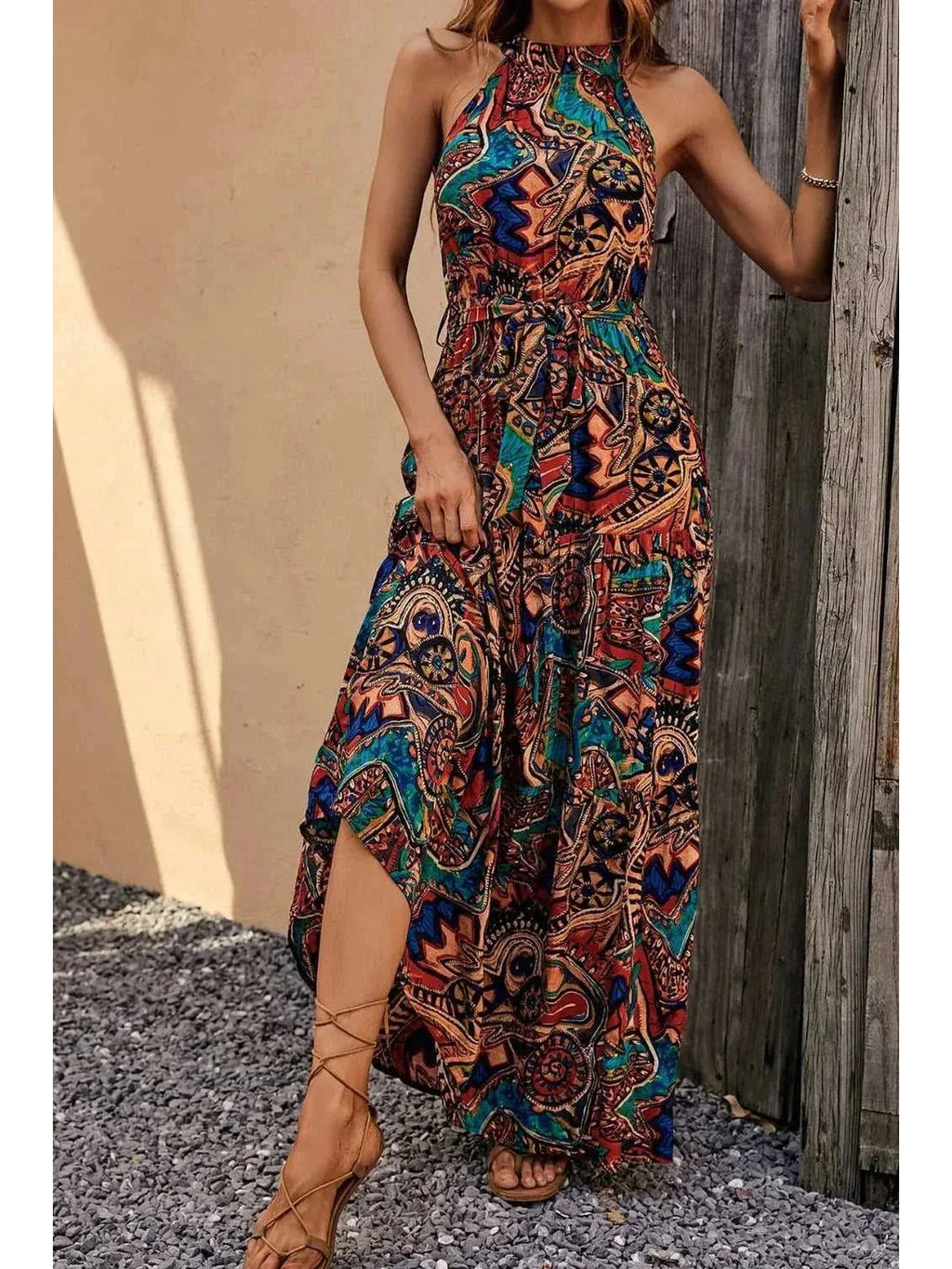 Tied Floral Sleeveless Dress -- 