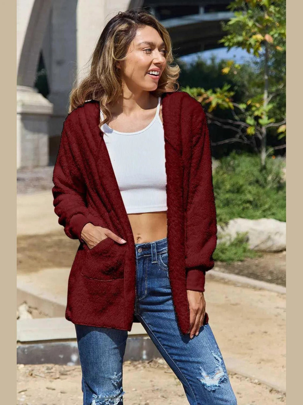 Full Size Teddy Hooded Jacket with Pockets -- 