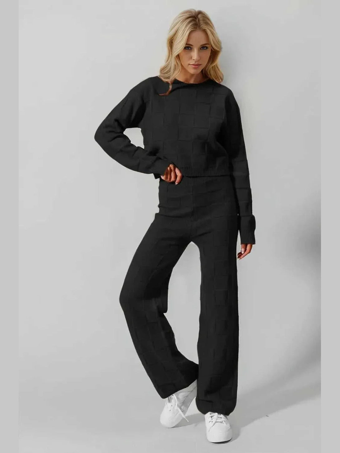Double Take Full Size Checkered Round Neck Top and Pants Set -- 