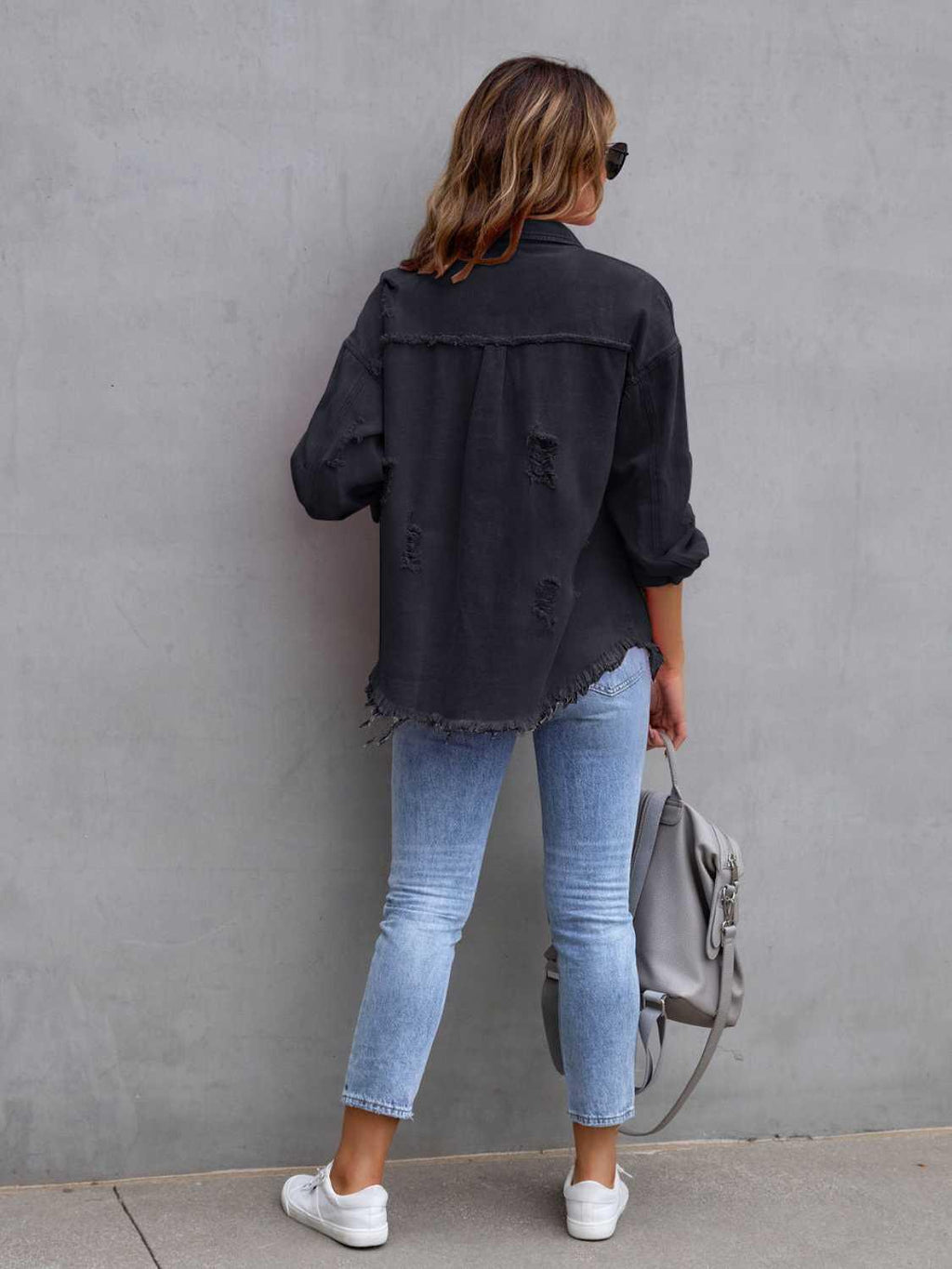 Distressed Drop Shoulder Denim Jacket -- 
