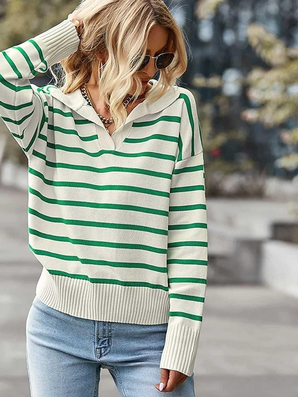 Ribbed Hem Long Sleeve Striped Sweater -- 