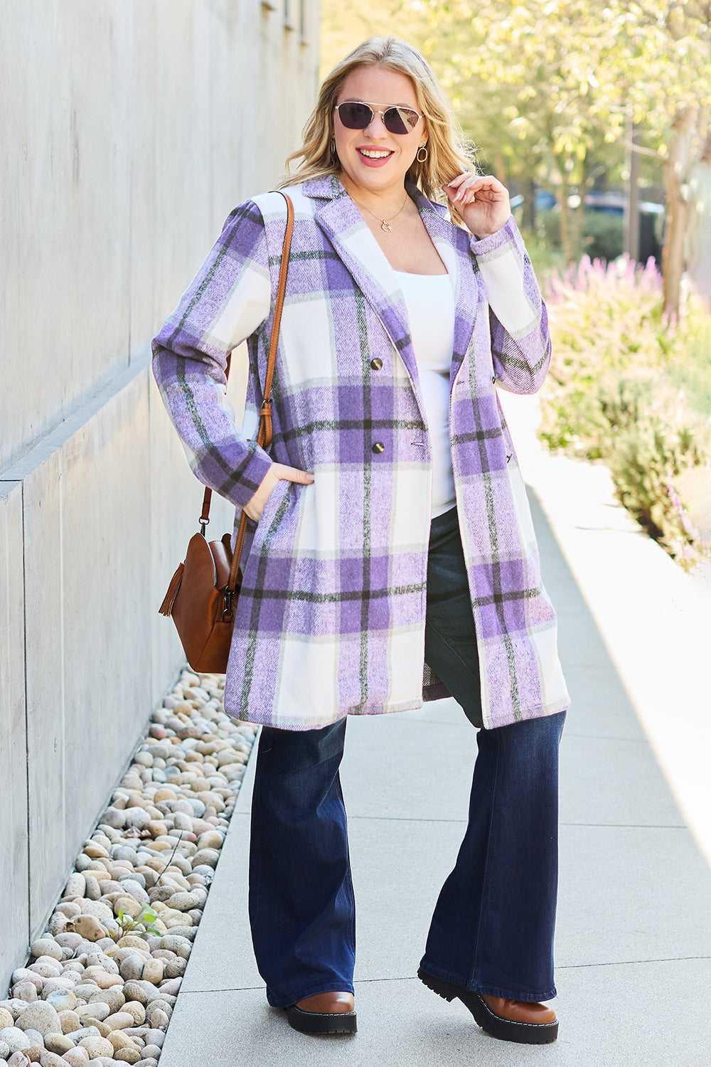 Double Take Full Size Plaid Button Up Lapel Collar Coat -- 
