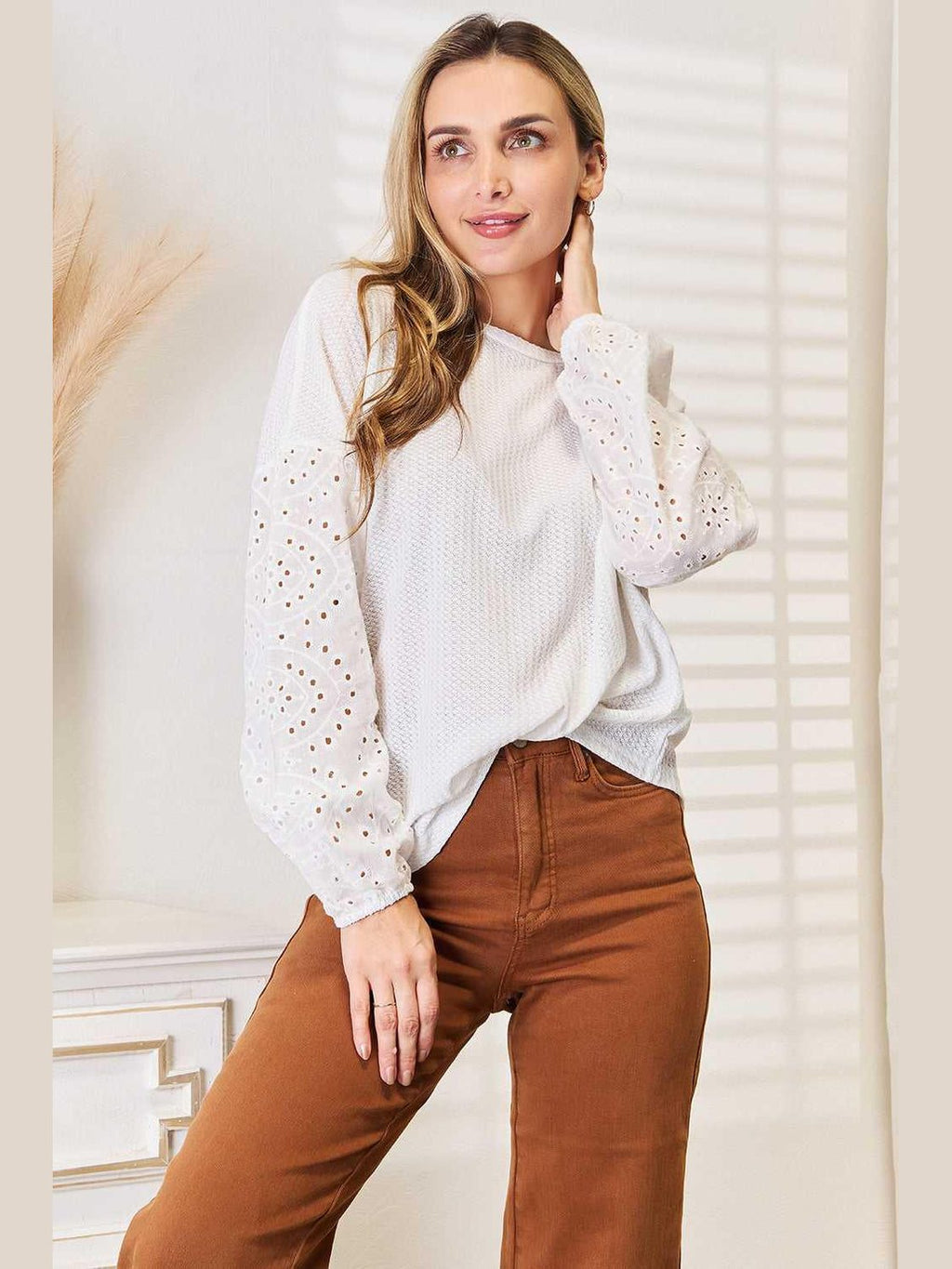 Shiny Eyelet Dropped Shoulder Round Neck Blouse -- 