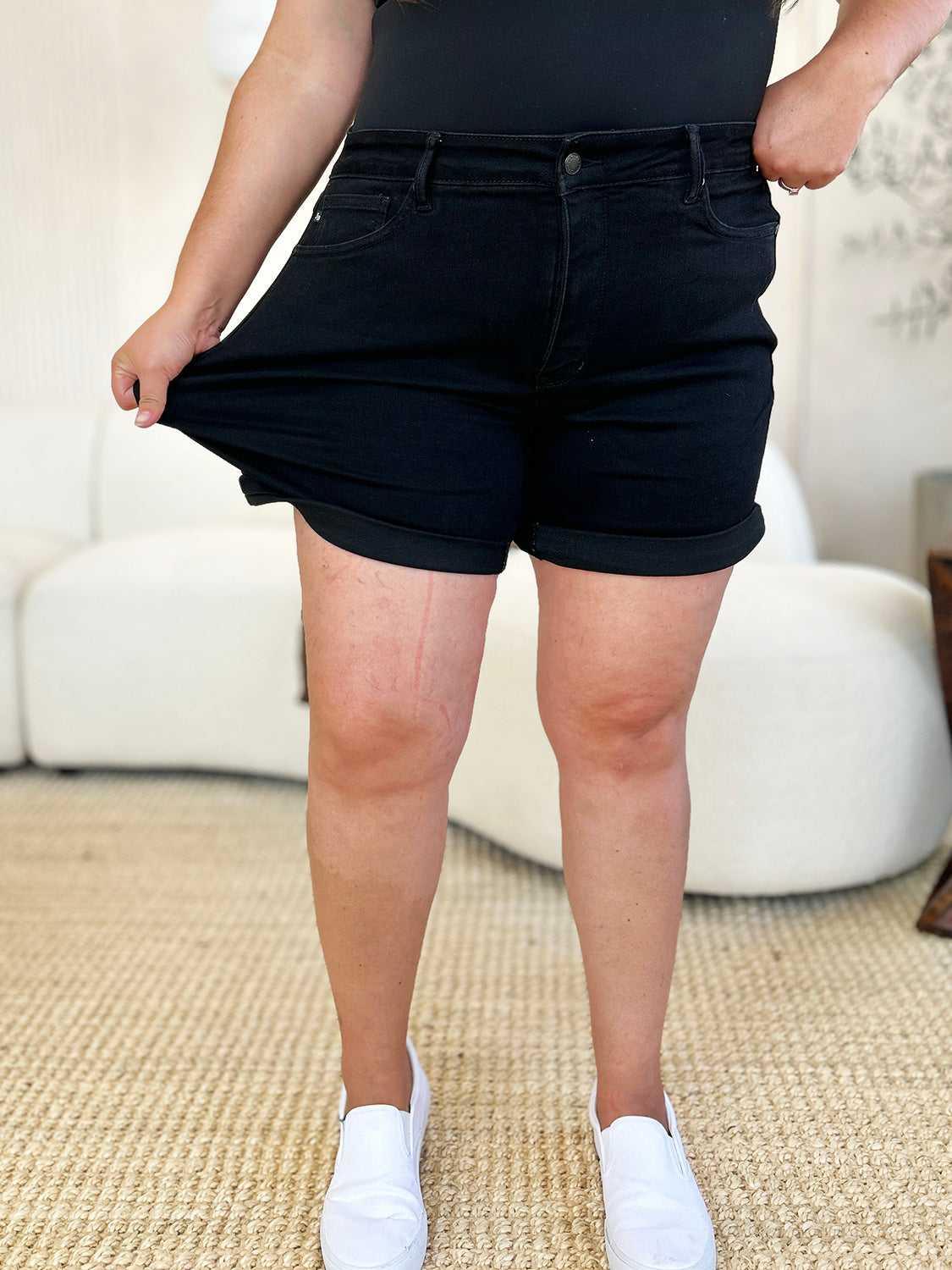 Judy Blue Full Size High Waist Tummy Control Cuffed Denim Shorts -- 